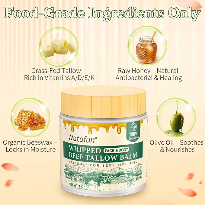 Beef Tallow for Skin - Deep Moisturizer for Dry, Sensitive Skin - With Raw Honey, Beeswax, Olive Oil - Non-Greasy, Unscented, All-Natural Face & Body Repair Cream