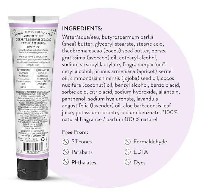 J.R. Watkins Natural Moisturizing Hand Cream, Hydrating Hand Moisturizer with Shea Butter, Cocoa Butter, and Avocado Oil, USA Made and Cruelty Free, 3.3oz, Lavender, Single