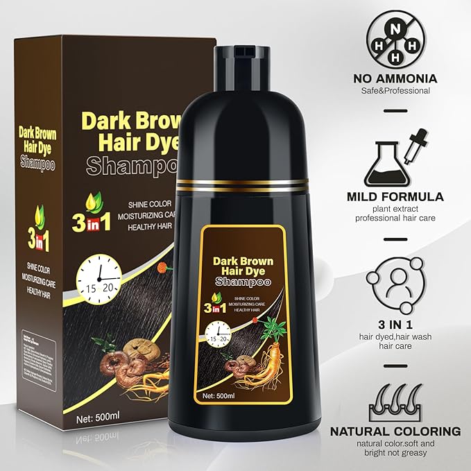 Cosmpro Dark Brown Natural Hair Dye Shampoo 3 in 1, 16.9 Fl Oz/500 ML, Semi-Permanent Gray Hair Coverage, Unisex, Natural Ingredients,