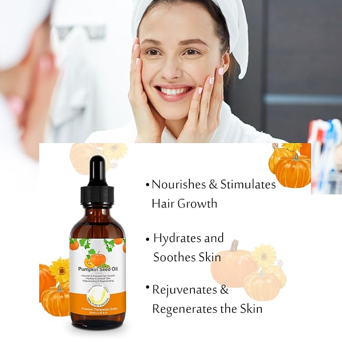 Pumpkin Seed Oil for Hair Growth 2.02 fl.oz, 100% Natural Pure Cold Pressed Pumpkin Oil for Face, Dry Damaged Hair Growth, Moisturizing Scalp Nourishment Strengthen Hair Thickness for Skin and Body