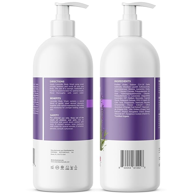 Edenika Lavender Body Wash with Vitamin E, Cleanses, Relaxes & Moisturizes, Stress Relief Shower Gel for Dry and Sensitive Skin, Women & Men, Organic & Natural, 16 fl oz