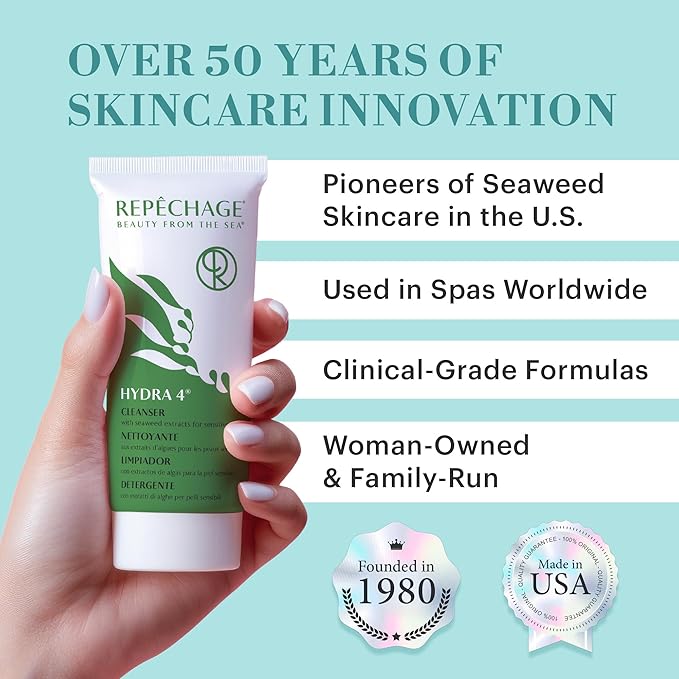 Repechage Hydra 4 Cleanser with Seaweed Extracts for Sensitive Skin - Daily Hydrating Gentle Cleanser, Removes Waterproof Makeup, Exfoliating Lactic Acid, Balances and Moisturizes Skin, 6 oz.
