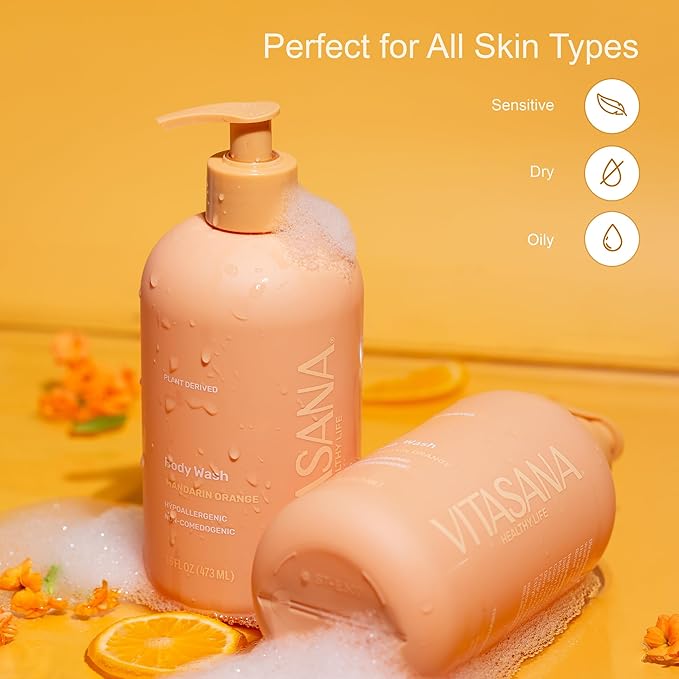 Vitasana Natural Body Wash for Sensitive Skin, 16 oz – Mandarin Orange Scent, 98.9% Plant‑Derived, EWG Verified, Hypoallergenic, Paraben‑Free, Sulfate‑Free, Cruelty‑Free