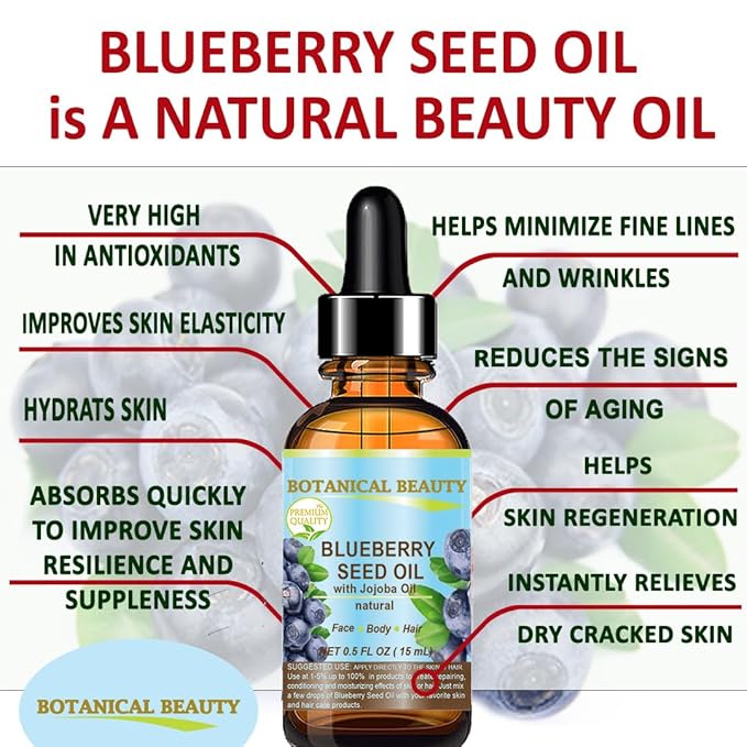 Botanical Beauty BLUEBERRY SEED OIL Virgin Unrefined Cold-Pressed Carrier Oil 0.5 Fl.oz.- 15 ml for Face, Dry Skin, Body, Hair, Nails, Anti-Aging Moisturizer