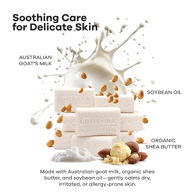 Australian Botanical Soap Goat Milk Soap Bar – Triple-Milled Body Cleanser with Shea Butter & Soya Bean Oil – Gentle Hydration for Sensitive Skin 6.8 oz – 1 Pack