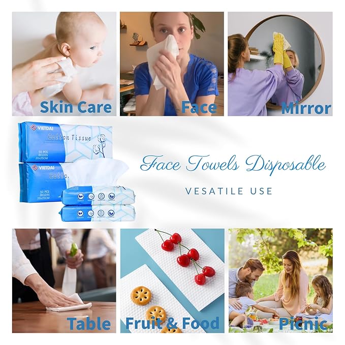 Disposable Face Towel XL Clean Facial Towels Ultra Soft and Thick, Cotton Face Towelettes Lint-Free Makeup Removing Dry Wipes for Women Cleaning and Skincare -50 Count