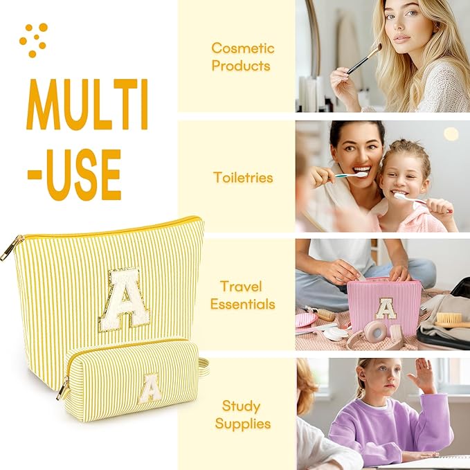 2 PCS Initial Makeup Bags for Women: Cosmetic Bag for Travel Toiletry - Birthday Gifts for 11 12 13 14 15 16 17 18 Years Old Girl Graduation Teacher Gift- Teen Girl Gifts Trendy Stuff - Yellow K