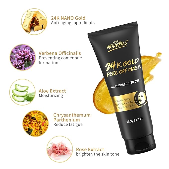 Blackhead Remover Mask, 24K Gold Peel Off Mask, Gold Facial Mask Anti-Aging, Deep Cleansing, Reduces Fine Lines& Wrinkles Great for All Skin, With Blackhead Remover Extractor Tools Kit & Mask Brush