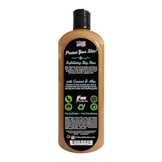 Natural Wunderz Mens Body Wash, Exfoliating Bay Rum & Coconut Aloe Scent, 32 Fl Oz All-In-One Liquid Soap and Shower Gel, Sulfate Free and Vegan Friendly Body Scrub
