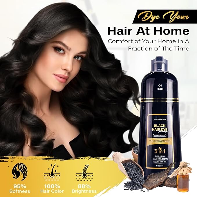 Hair Dye Shampoo 3 in 1 for Gray Hair Shampoo Para Canas Mujer Hair Color Shampoo for Women & Men - Herbal Ingredients Natural Plant Hair Dye 500ML (Black)