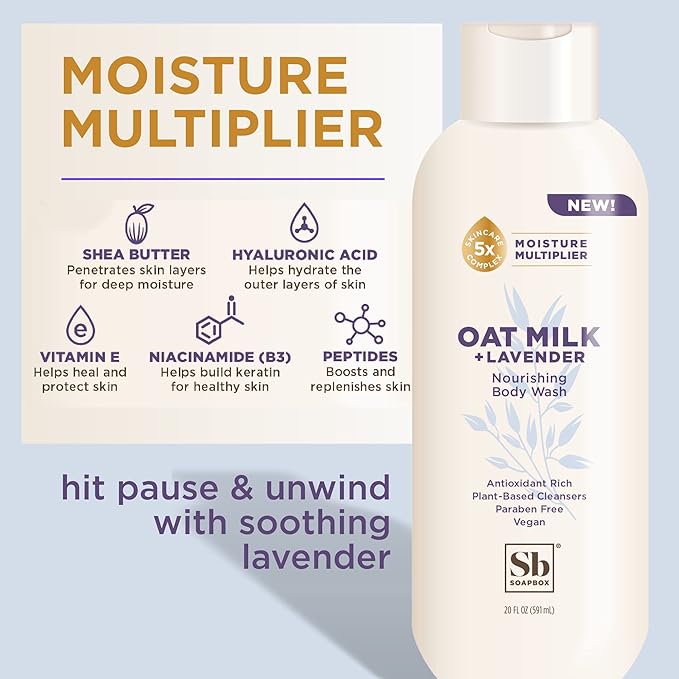 Soapbox Body Wash, Oat Milk + Lavender Body Wash, Vegan & Moisturizing, Calming with Shea Butter, 3 Pack, 20oz Each