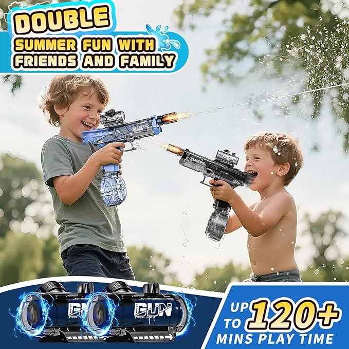 2 Pack Electric Water Guns with Muzzle Flash for Adults & Kids, Automatic Water Gun with 28-32 FT Long Range, Powered Water Gun Summer Outdoor Pool Beach Toy (Blue+Black)