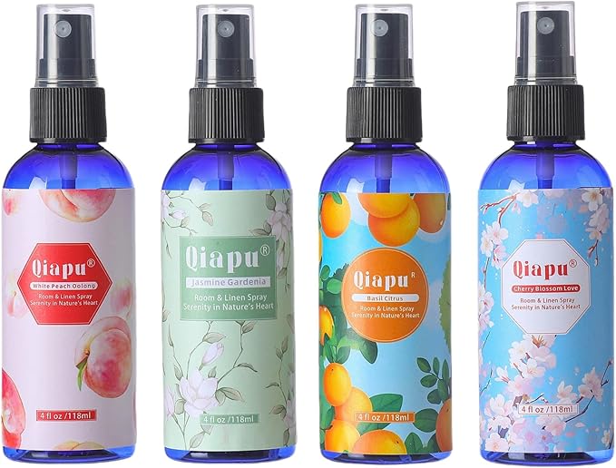 Natural Bedroom Linen Spray Scented Room Mist with Plant Extracts Long Lasting Freshness for Sheets, Pillows & Curtains – 4oz 4Bottle(Cherry Blossom + Citrus + White Peach + Gardenia)
