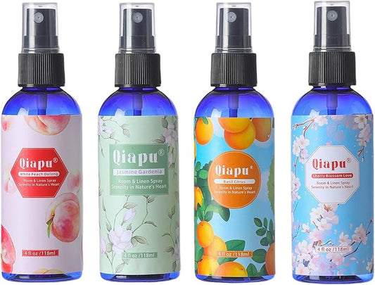 Natural Bedroom Linen Spray Scented Room Mist with Plant Extracts Long Lasting Freshness for Sheets, Pillows & Curtains – 4oz 4Bottle(Cherry Blossom + Citrus + White Peach + Gardenia)