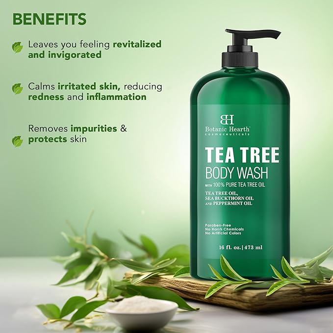 Botanic Hearth Tea Tree Body Wash | 16 Fl Oz | Helps Soothe Itchy, Dry Skin, Antifungal Body Wash With 100% Pure Tea Tree Oil | Sulfate Free, Paraben Free, For Men And Women