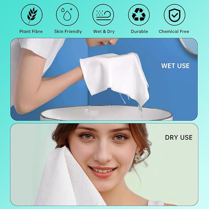 ONLYCARE Disposable Face Towel, Biodegradable Face Towels, 10" x 12" Super Thick Soft Facial Towels, 50 Count Face Towelettes Disposable for Sensitive Skin, Makeup Remover Dry Wipes, 1 Pack