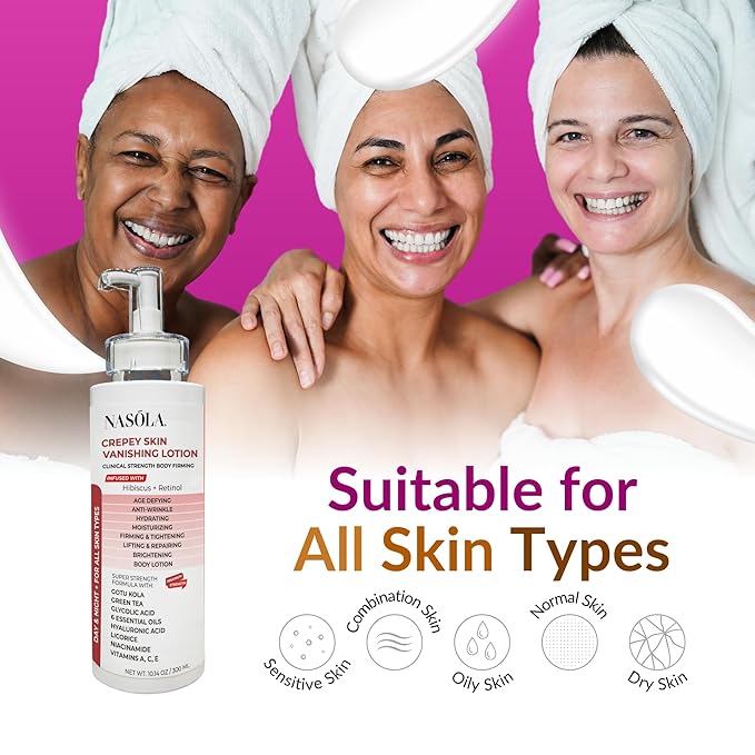 Nasola Crepe Erase Advanced Body Repair Treatment Lotion with Retinol and Hibiscus, Skin Tightening and Lifting Cream Moisturizer for Dry Aging Skin includes Vitamin A, E, C, and Green Tea, 10.14 Oz