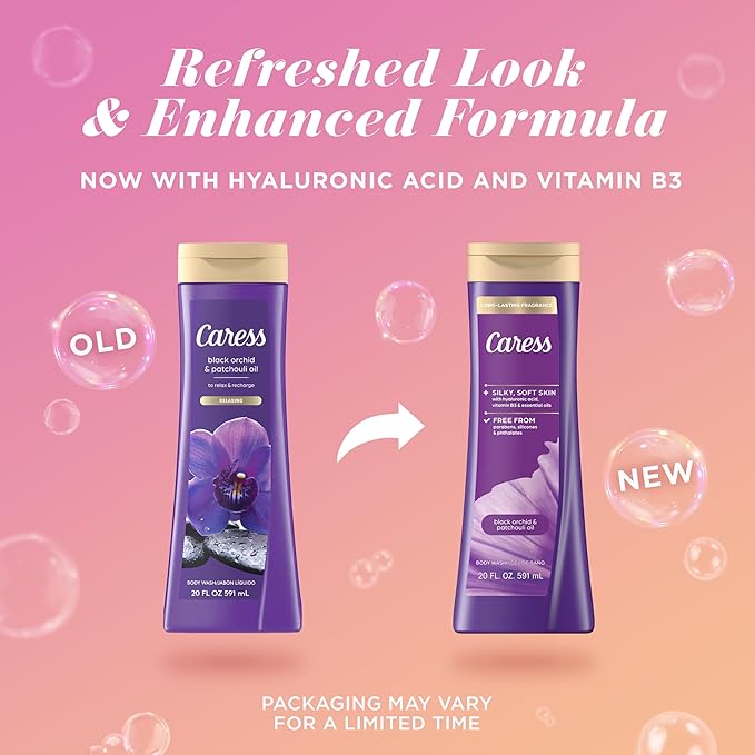 Caress Body Wash Black Orchid & Patchouli Oil To Relax and Recharge Relaxing, Fragrant Body Soap 20 fl oz, Pack of 4