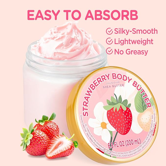 Strawberry Body Butter, Natural Body Butter for Men Women Smell Good, Strawberry Scented Shea Butter Body Cream, Body Moisturizer for Dry Skin 6.8 floz