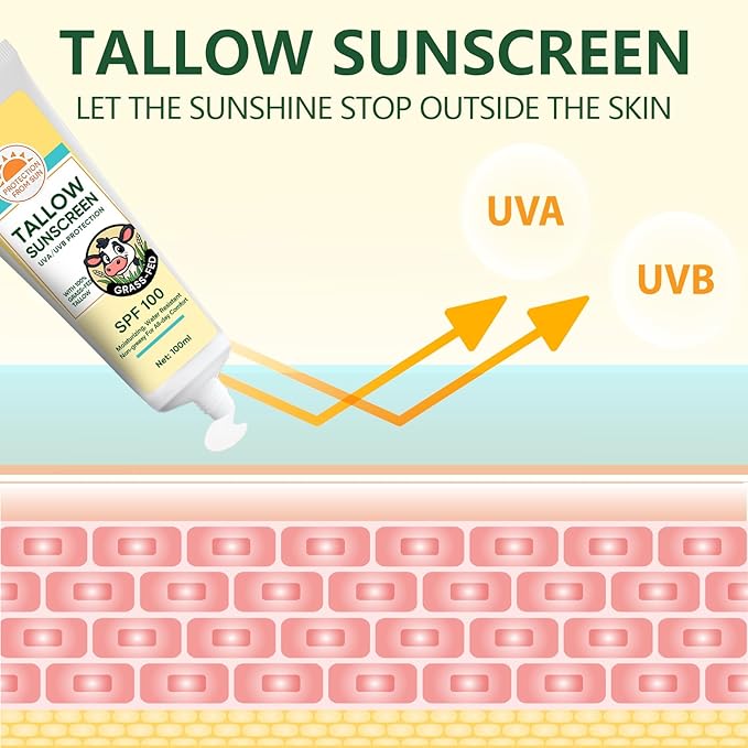 Beef Tallow Sunscreen, Sunscreen for Face, Natural Reef Safe Body Beef Tallow Sunblock, Non Greasy Clean Travel Sun Screen Sunblock, 100ML