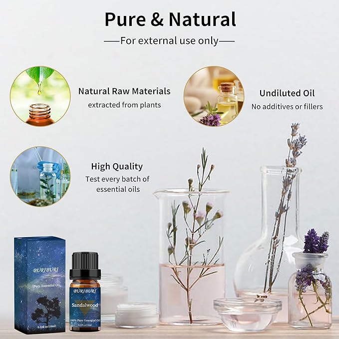 BURIBURI Sandalwood Oils and Vetiver Essential Oils Gifts Set, 2Pcs 100% Pure Aromatherapy Sandalwood Essential Oils for Diffuser, Massage, Soap Making