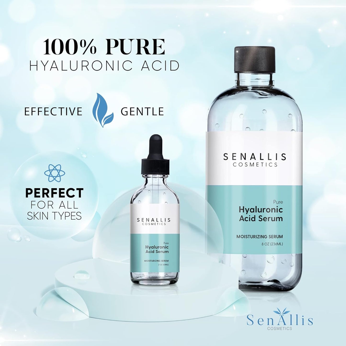 Hyaluronic Acid Serum – Pure & Powerful Anti-Aging Hydrating Serum for Face | Wrinkle-Reducing Moisturizer for Dry & Mature Skin | Made in USA | 8 Fl Oz & 2 Fl Oz Sizes