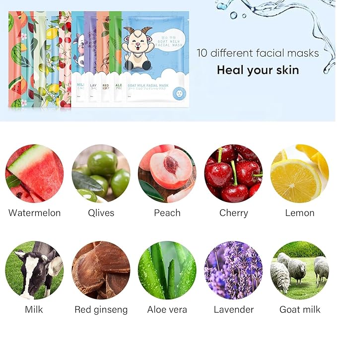 30 Sheets Face Masks Skincare for Women, Hydrating Face Masks Suitable for Sensitive Skin, Bulk Soothe and Moisturizing Facial Mask for Skin Care, Home Face Mask Skincare Spa for All Skin Types