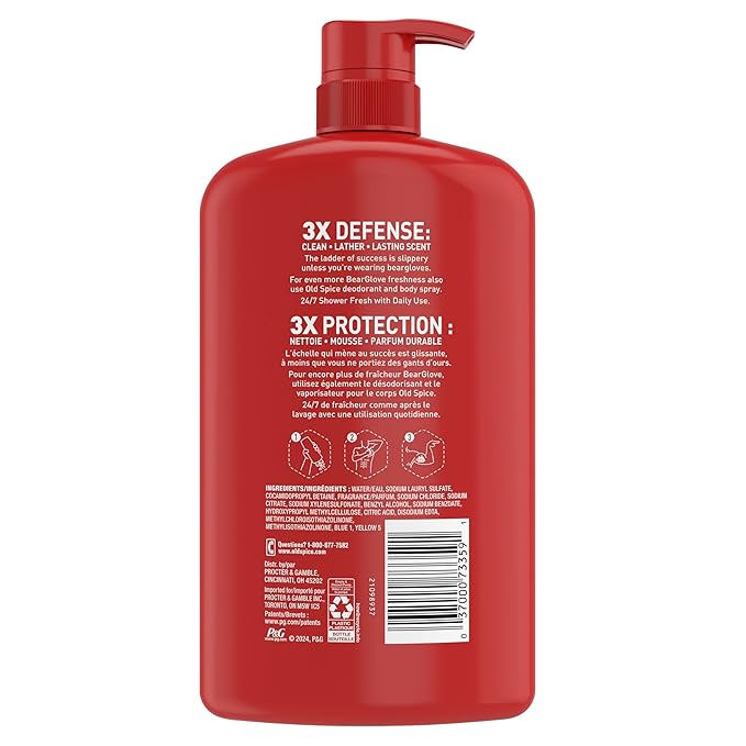 Old Spice Cleansing Body Wash for Men, 3X Defense, 24/7 Shower Fresh with Lasting Scent, 2-in-1 Body & Face Wash, Bearglove with Crisp Orchard Scent, 33.4 (Pack of 4)