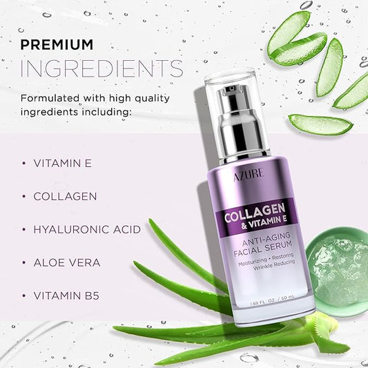 Azure Cosmetics Collagen & Vitamin E Serum For Face - Dermatologist Tested, Anti-Aging, Fine Lines & Wrinkle Treatment - Nourish Dull Skin - Lightweight, Vegan, Clean Beauty, Korean Skin Care - 2 Pack