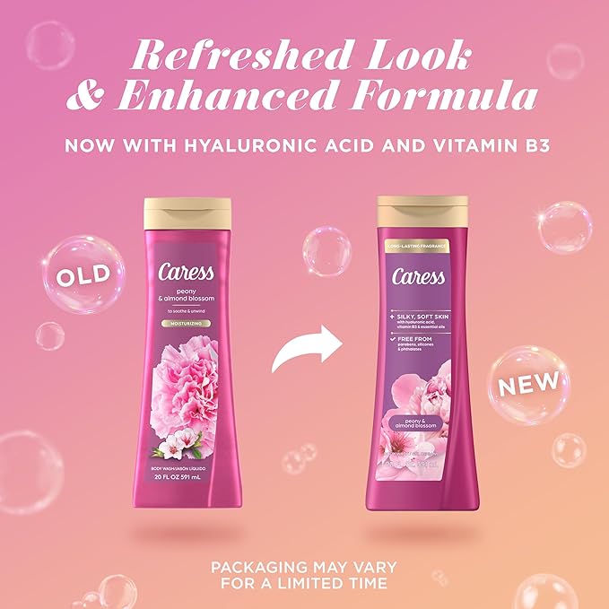Caress Moisturizing Peony & Almond Blossom Body Wash For Fresh, Smooth Skin Body Soap To Soothe & Unwind 20 fl oz, Pack of 4