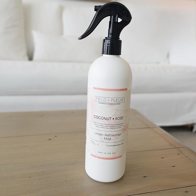Field + Fleur by Hillhouse Naturals Coconut Rose Linen Refresher Mist 15.5oz - Fresh Home Fragrance Spray for Bedding, Sofas & Clothes - Coconut, Vanilla, Jasmine & Citrus - Made in the USA