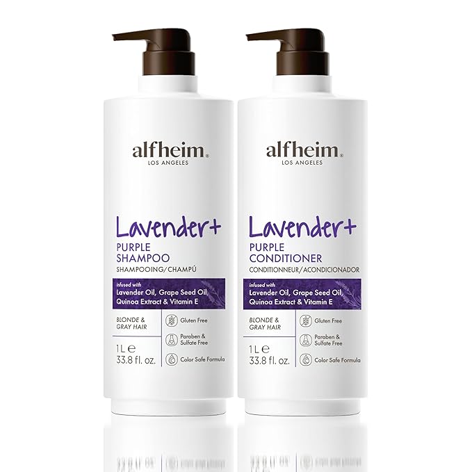 Alfheim Lavender+ Purple Shampoo & Conditioner Set | Neutralize Brassiness & Enhance Cool Tone for Platinum, Silver & Blonde Hair | Anti Brass While Hydrating | Paraben-Free, Color-Safe | 33.8 oz Each