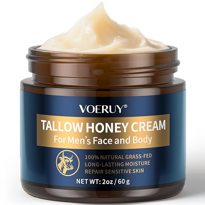 Mens Face Moisturizer Cream - Tallow Balm for Skin with Raw Honey for Reduce Wrinkles, Natural Grass-Fed Tallow Moisturizer for Face, Facial Skin Care & Eye Lotion - Day & Night, 2oz/60g