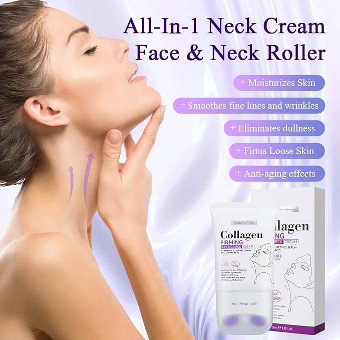 2Pcs Neck Collagen Cream with Roller,Lift Neck Firming Cream, for Tightening and Firming Sagging Skin, Moisturizing Body Cream Reduces the Look of Fine Lines and Wrinkles