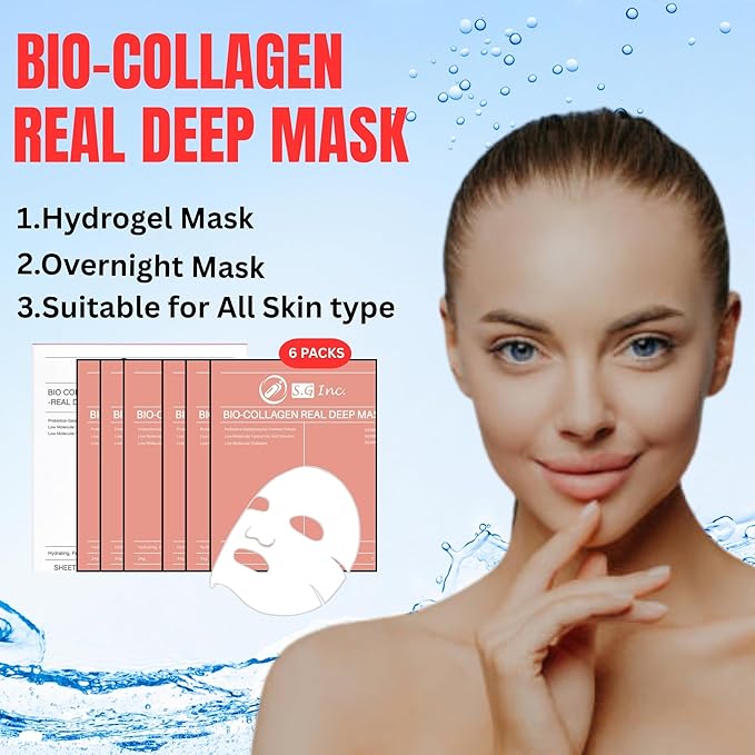SG Bio- Collagen Real Deep Mask – Overnight Hydrating Collagen Face Masks Skincare| Anti-Wrinkle,Firming,Pore Minimizing,Elasticity Enhancing | Hydrogel Sheet Mask for All Skin Type. (34g x 6-Pack)
