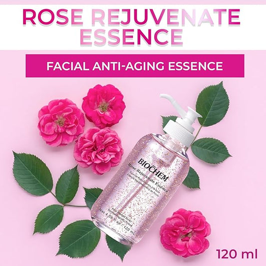 BIOCHEM Rose Rejuvenate Essence - 4.06 fl oz / 120 ml, Hydrating & Facial Anti-Aging Essence with Rose Extract for Anti-Wrinkle & Firm Skin Benefits, Serum-Like Anti-Aging Beauty Elixir Booster