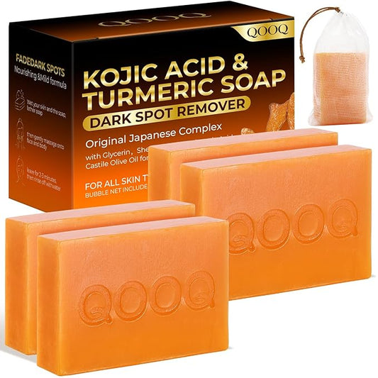 QOOQ Turmeric Kojic Acid Soap for Dark Spots Brightening – Face and Body Wash with Vitamin C, Retinol, Collagen, Vitamin E, Glycerin, Shea Butter & Castile Olive Oil – Soap for Women & Men (120g x 4)