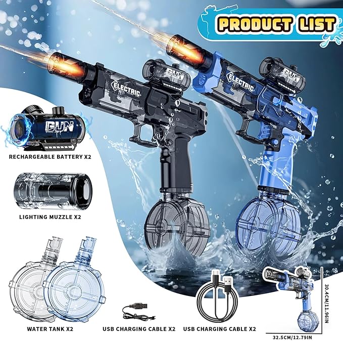 2 Pack Electric Water Guns with Muzzle Flash for Adults & Kids, Automatic Water Gun with 28-32 FT Long Range, Powered Water Gun Summer Outdoor Pool Beach Toy (Blue+Black)