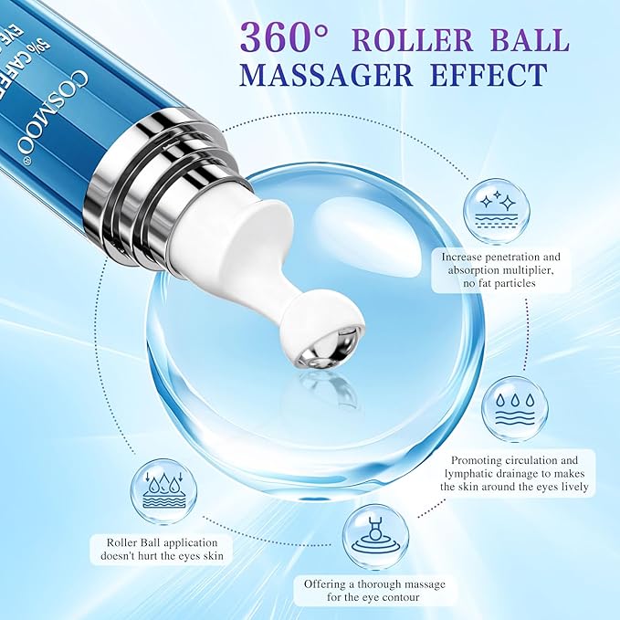 COSMOO Eye Serum,360°Rolling Massage Ball Under Eye Cream with 5% Caffeine,8% Retinol,Hyaluronic Acid for Dark Circles,Puffiness,Wrinkles Fine Lines,0.5 fl. oz