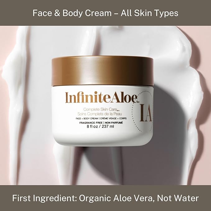 InfiniteAloe Complete Skin Care, Aloe Vera Powered Face and Body Cream for Dry Skin Relief, Fragrance Free - Large Jar 8 oz & 2 Travel Jar 0.5 oz