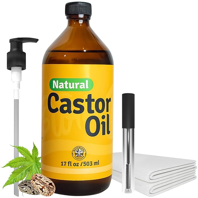 Organic Castor Oil (17 oz) Glass Bottle-100% Pure, Cold-Pressed, Hexane-Free, with 2 Resuable Organic Cotton Flannel Pack Wraps and Mascara Container for Skin, Hair, Eyelash's Eyebrow's & Body