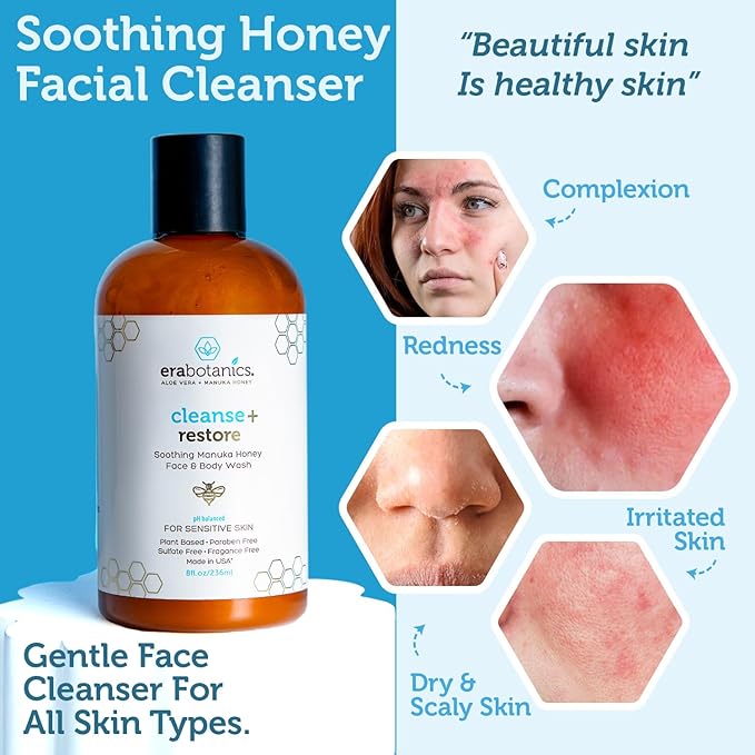 Manuka Honey Face Wash for Women and Men - Sulfate Free Moisturizing Cleanser with Organic Aloe Vera - Soothing Plus Gentle on Dry Skin Facial Cleanser Made in USA - 4oz