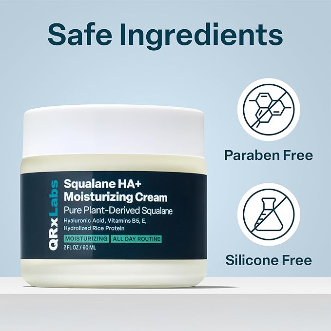 QRxLabs Plant-Based Squalane Face Moisturizer - 2 fl oz (60 mL) - Hyaluronic Acid Hydrating Cream for Face & Body - Moisturizing Cream with Vitamin B5 & Rice Protein - Silicone-Free Cruelty-Free