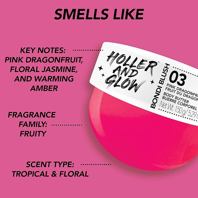 Holler and Glow Bondi Pink Dragonfruit Body Butter For Women, Smells Good, Body Lotion For Extremely Dry Skin, Moisturizing, Nourishing, Shea Butter, Peony, Pink Dragon Scented, 5.29 Oz