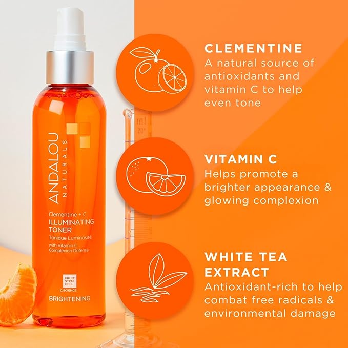 Andalou Naturals, Toner Facial Toner Helps Hydrate Balance Skin pH For Clear Bright Skin, Clementine Plus C, 6 Fl Oz