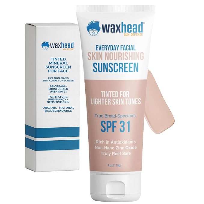 Waxhead Tinted Mineral Sunscreen for Face – Sheer Glow BB Cream Moisturizer with SPF 31, Non-Nano Zinc Oxide, Unscented, Non‑Comedogenic Mineral Facial Sunscreen, Primer under Makeup (Light Tint 4oz)