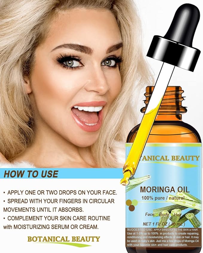 Botanical Beauty Moringa Oil 100% Pure Natural Undiluted Cold Pressed Carrier Oil. 1 Fl.oz.- 30 ml. for Face Skin, Hair, Lips, Nails. Rich in Vitamin C, Vitamin E