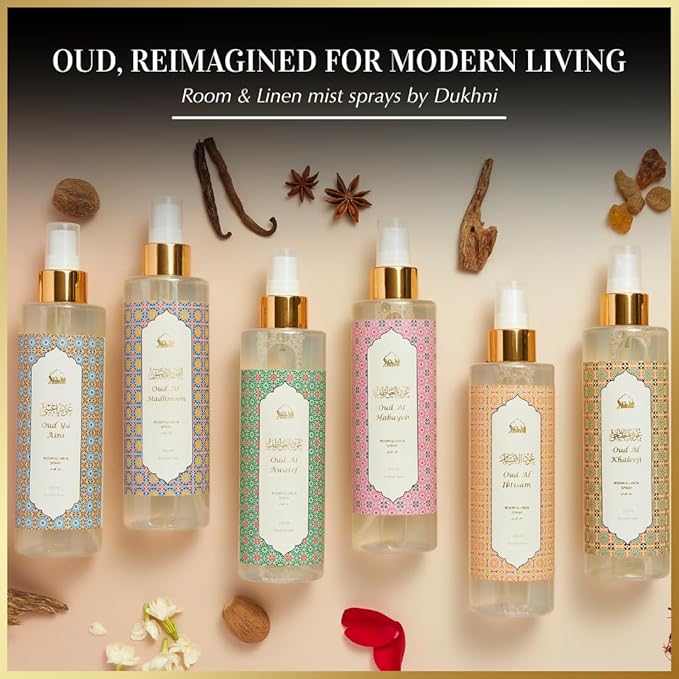 Oud al Qamar Arabic Room Spray by Dukhni | 250ml Oud fragrance Air Freshener, Attar al Faraash for home & prayer mats | Bed linen, Sofa Mist, natural home scent, curtain spray, odour eliminator