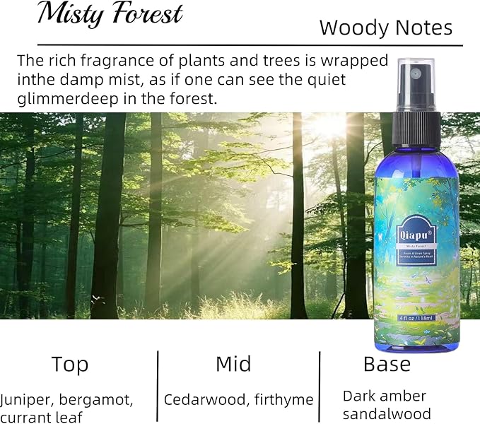Natural Bedroom Linen Spray Scented Room Mist with Plant Extracts Long Lasting Freshness for Sheets, Pillows & Curtains –Ebony Agarwood + Misty Forest + Chamomile + Romantic Rose 4oz(4 Bottle)