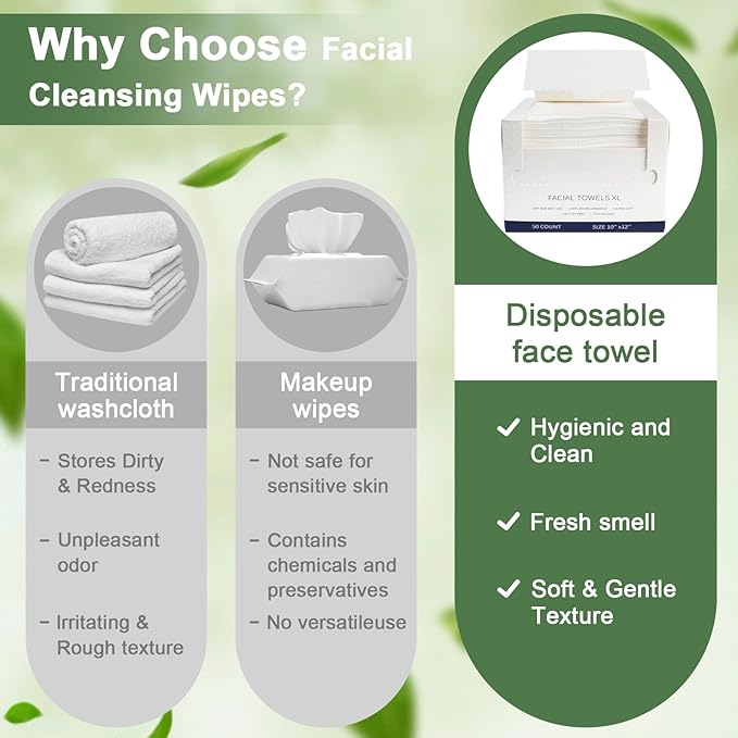 Face Towels Disposable, 12” x 10” Biobased Facial Towelettes, Large Soft & Thick Dry Wipes for Gentle Skincare, Face Washing & Makeup Removal, Lint-Free Clean Facial Towels, 50 Count